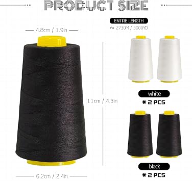 Black & White Polyester Thread | 4-Pack 12,000 Yds | for Serger & Quilting | Black & white polyester cones for serger, overlock & quilting; classic; ideal for monochrome & contrast sewing