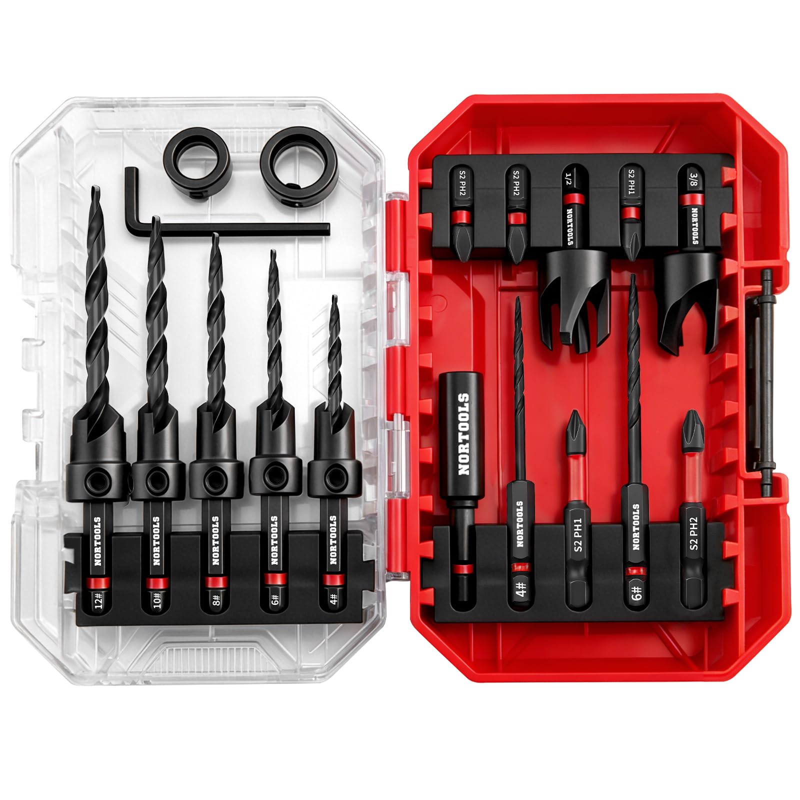 NORTOOLS Countersink Bit Set, 18 PCS Counter Sink Drill Bit for Woodworking with 2 Wood Plug Cutters, 1/4" Hex Shank Screwdriver Bits, Depth Stop Collars,82° Counterbore with Storage Case