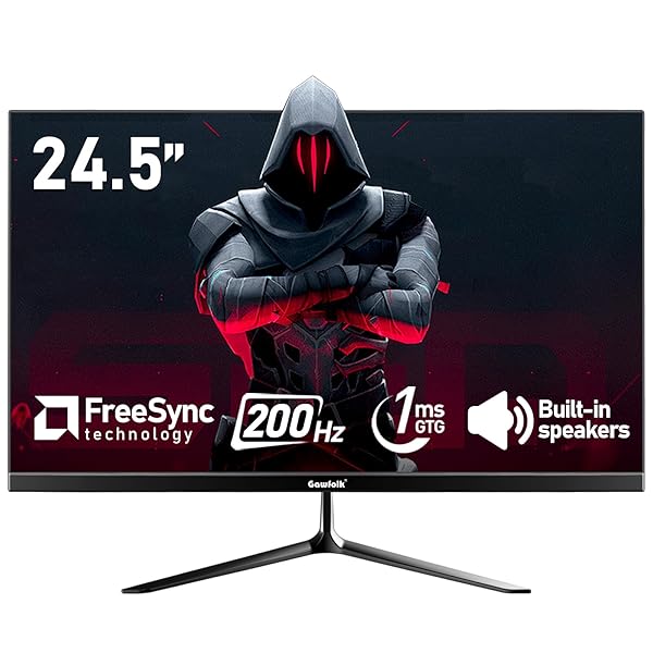 Gawfolk 24.5 Inch PC 200Hz Gaming Monitor, FHD 1080p screen, Built-in speakers,1ms without Bezel, freesync, 99% sRGB, 178 ° Angle View, HDMI、DisplayPort, Compatible with wall mounting 75*75MM - Black