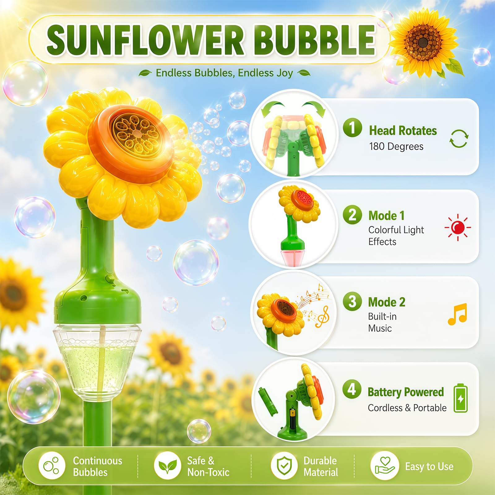 Máquina de burbujas de jabón para niños, girasoles, de pie, con batería, con luz LED y música, 150 ml + 20 x líquido de burbujas para cumpleaños/fiesta/boda