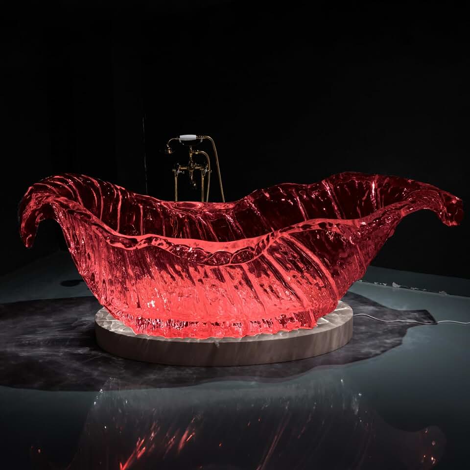 CHETTO C Transparent Freestanding Bathtub Soaking Tub Solid Hybrid Crystal Material Leaf-Patterned Red Water Ripple Texture Center-Mounted Drain 87"L x 39"W x 27"H