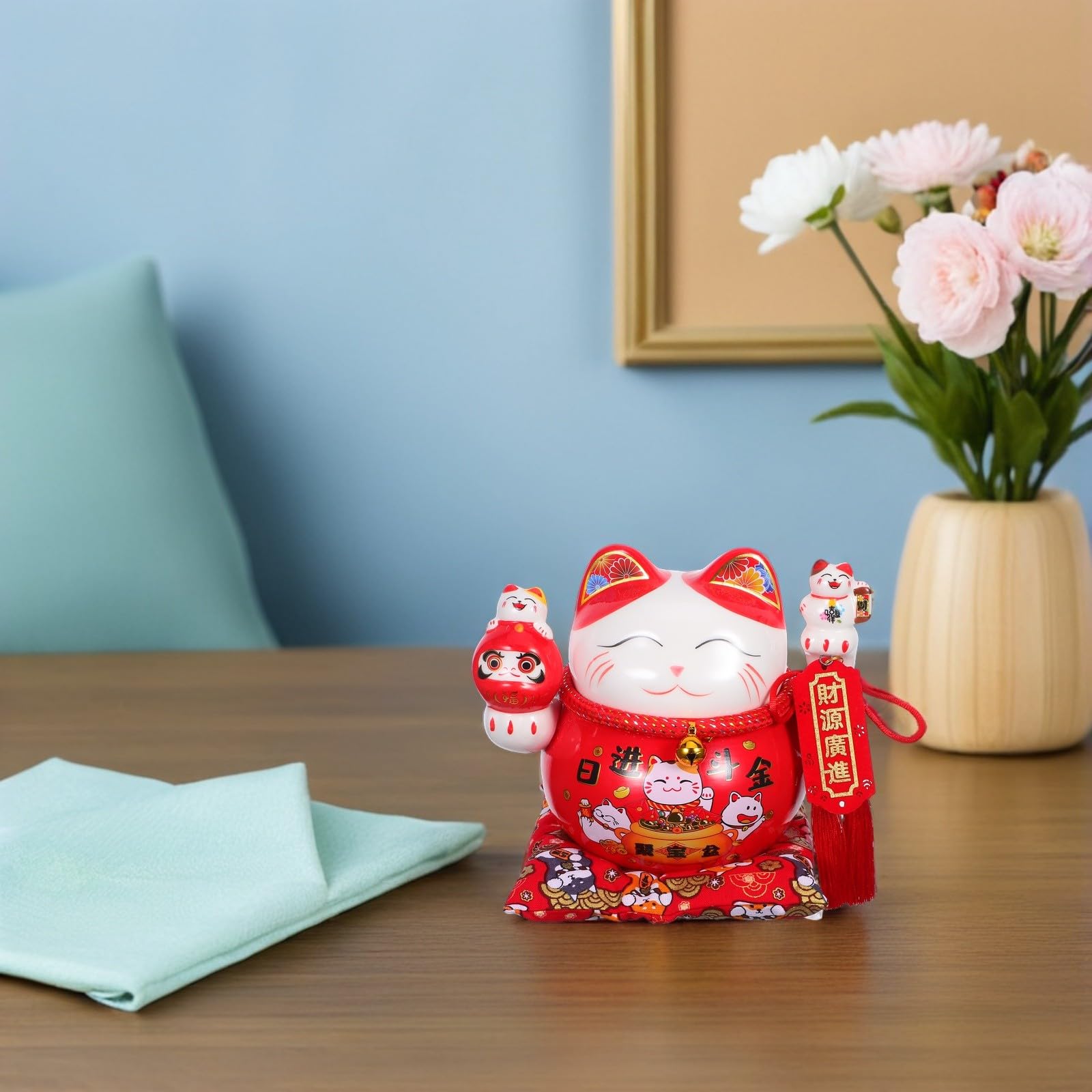 Keramik Spardose Maneki Neko Glückskatze Feng Shui Münzbehälter Tischdeko Rot Kompakt