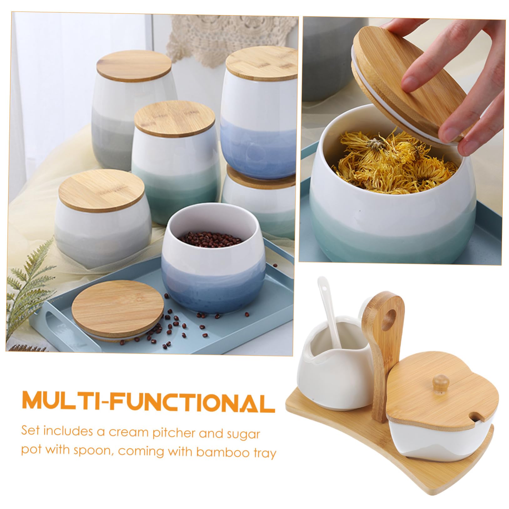 UKCOCO Azucarero y Jarra para Crema Cerámicos con Cucharilla y Bandeja de Bambú Juego para Simple y Elegante Material Cerámico Premium para Regalo y Decoración