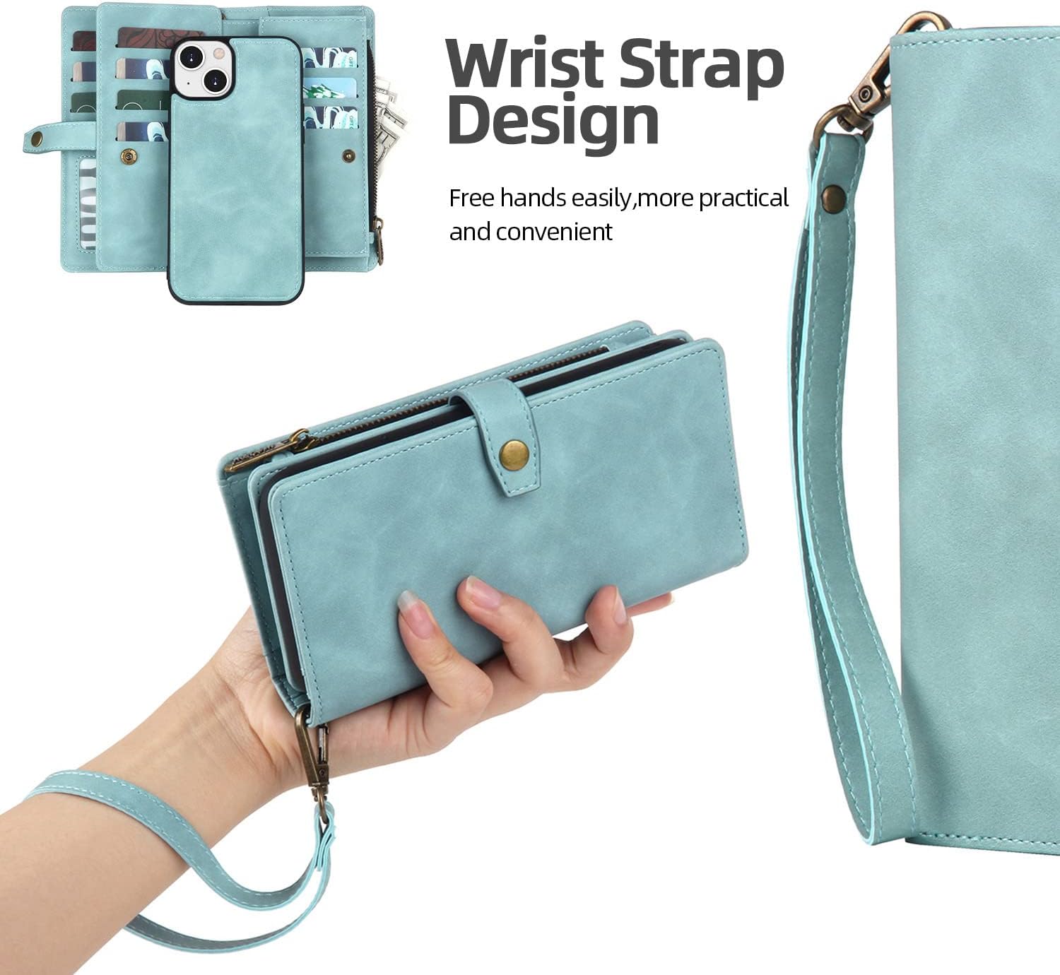 TwoHead Designed for iPhone 13 Wallet Case with Card Holder,Detachable Magnetic Phone Case with Wallet PU Leather Wallet Phone Case for iPhone 13 Case Wallet for Women/Men with Wrist Strap(Blue) - Image 4