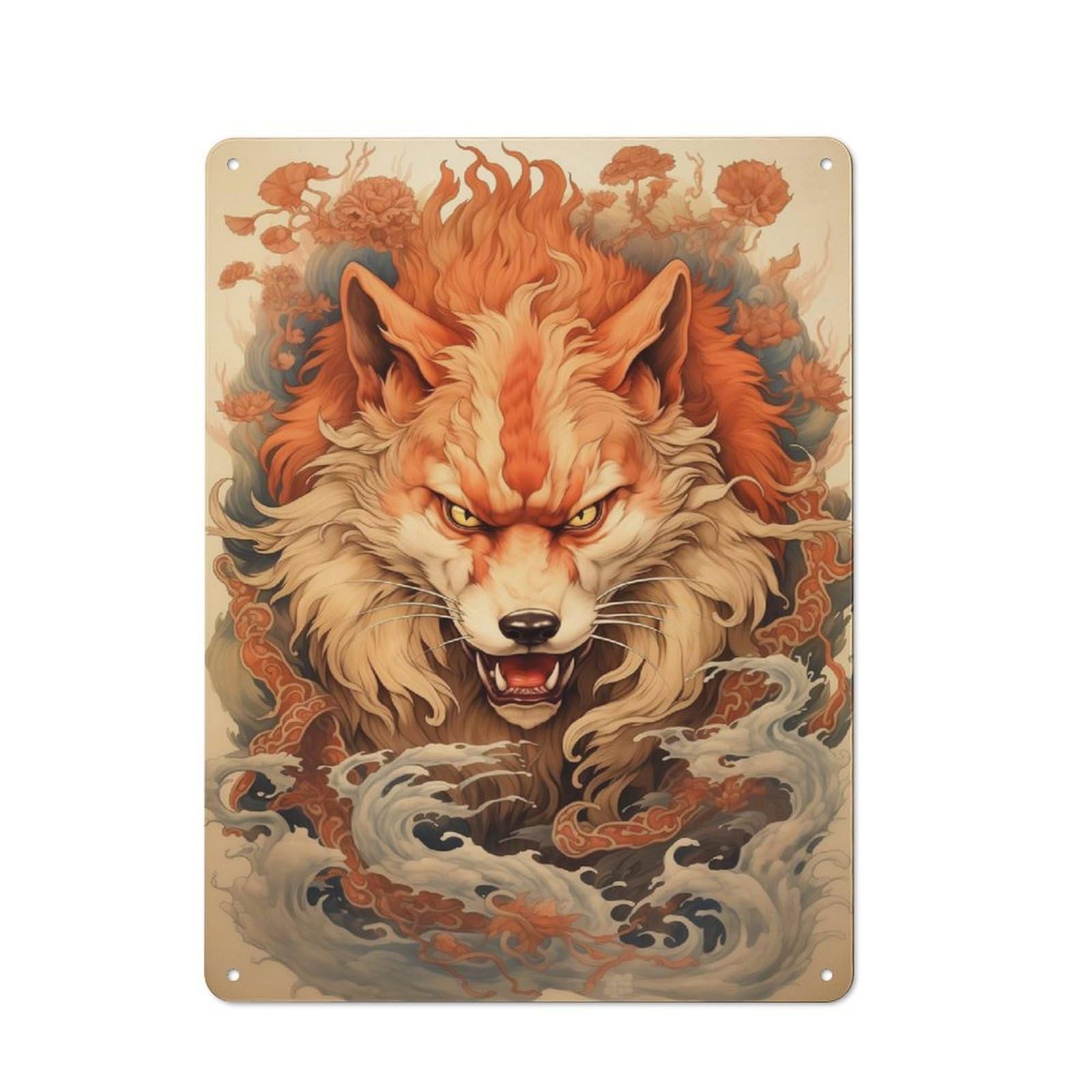 Junmoney Style-10 40X30cm Rustic Metal Wall Sign With Japanese Kitsune Fox For Living Room Wall, Metal Sign Decor For Living Rooms And Feature Walls