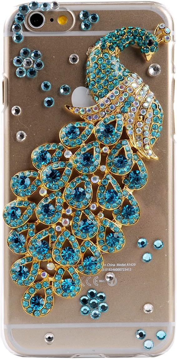 Esseemoney Luxury 3D Handmade Fashion Crystal Rhinestone Bling Case Cover Hard Case Clear for Apple iPhone 6 (4.7 Inch) (Peacock)