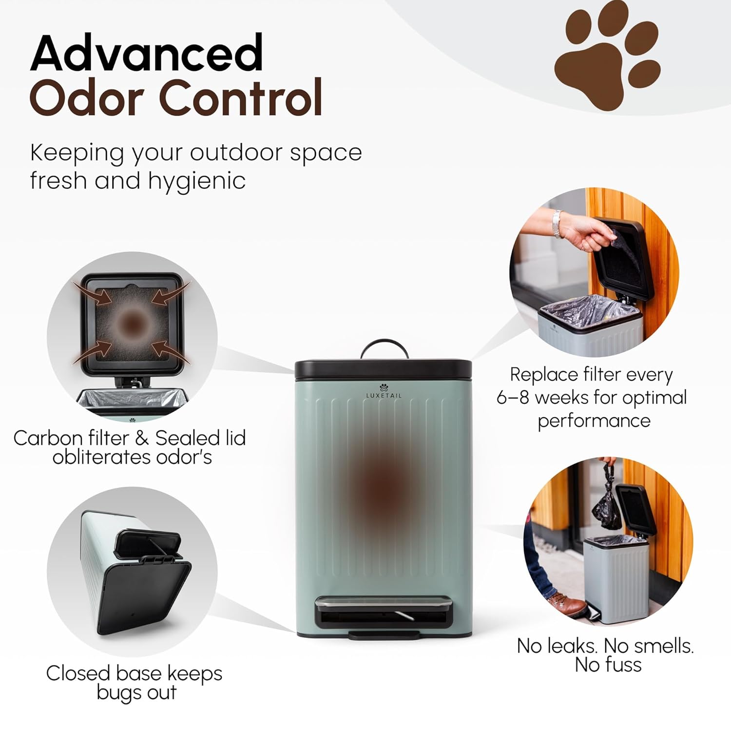 Small Dog Poop Trash Can Outside – 6L/1.6 Gallon Dog Small Trash Can with Lid, Odor-Locking Carbon Filter System, Hands-Free Stainless Steel Pedal, Easy-Clean Removable Bucket, Sage Green