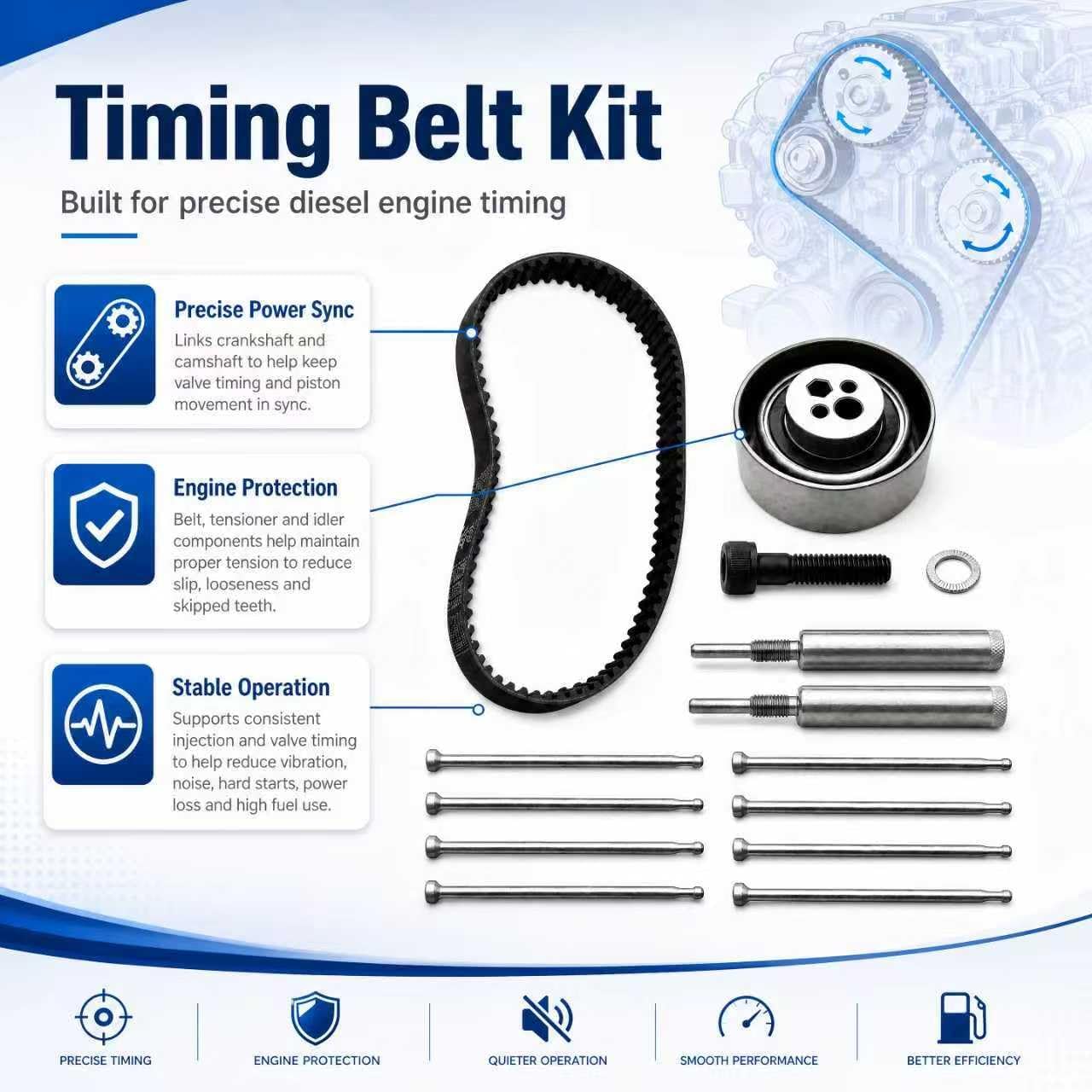 Timing Belt Kit Compatible with Bobcat Loaders & Deutz 1011/1011F Engines | Compatible with Bobcat Loaders 863/864/873/883/T200/S250/A220/A300 Replaces# 02929933 - with Push Rods, Timing Pin & Pulleys