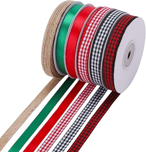 6 rollos de cinta de arpillera de 135 yardas, cinta de cuadros de búfalo de 38 pulgadas, cinta de satén rojo verde para envolver regalos, cintas