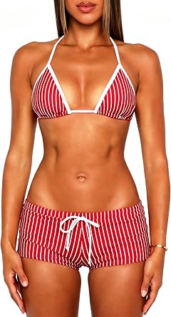 OZICERD Halter Triangle Bikini Sets for Women Striped String Bikini Tops Micro Shorts Bottoms 2 Piece Swimsuit Bathing Suits