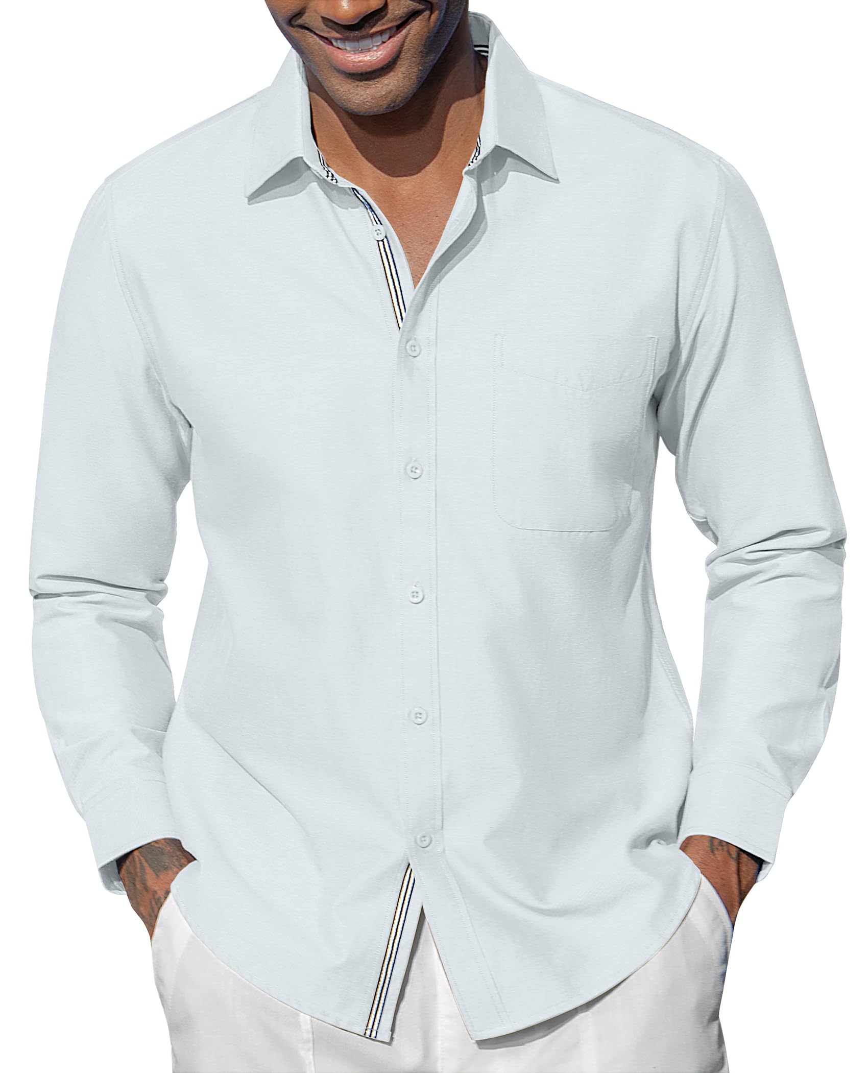 Oxford Dress Shirts for Men Long Sleeve Oxford Casual Dress Button Down Shirts Contrast Button Shirts with Pocket