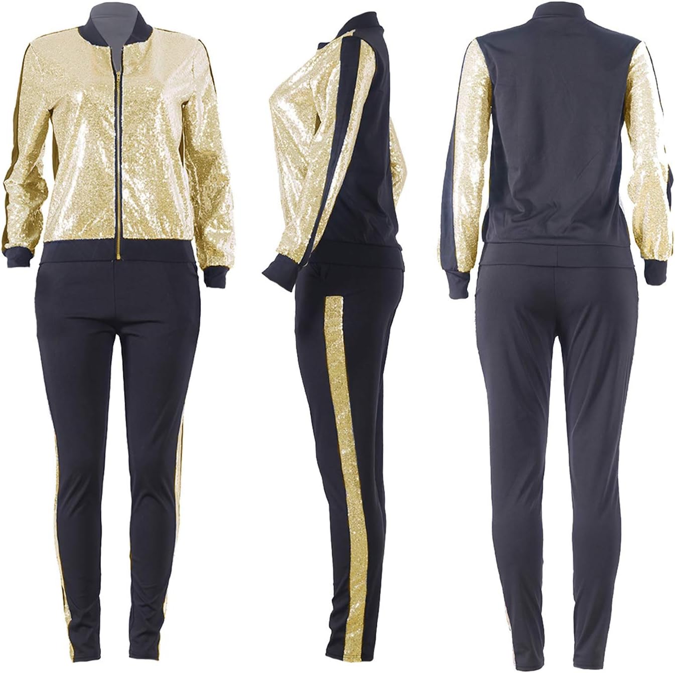 SIAEAMRG Women 2 Piece Glitter Sequin Outfits Tracksuit, Jacket Tops Log Pants Sparkle Sweatsuit Club Wear
