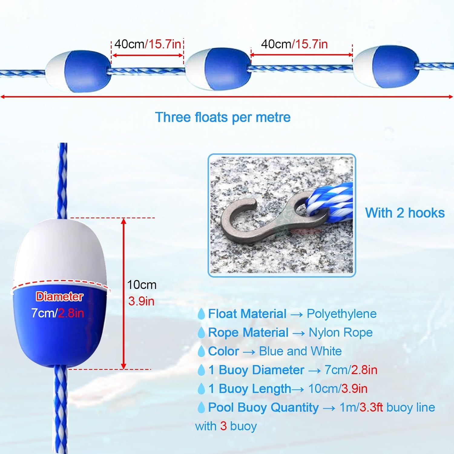Swimming Pool Safety Rope Float Kit Professional Competition Divider LinePool Handrails Floating Pool Safety Rope Swimming Pool Lane Dividers,Pool Safety Rope and Float Kit 20ft 40ft 80ft 10