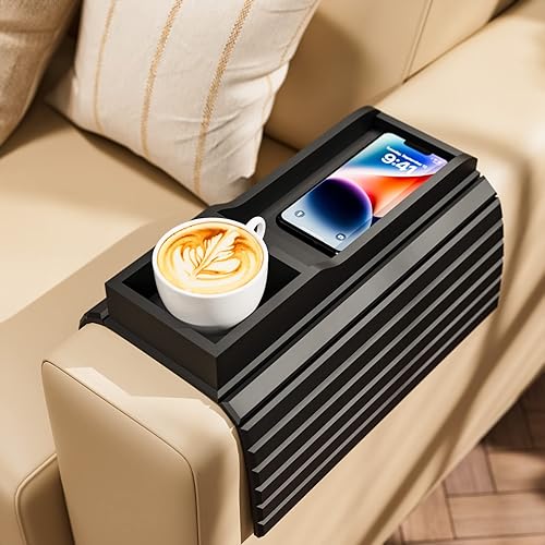 Semounva Bandeja de brazo para sofá bandeja flexible y plegable para botellatazataza de café mesa de bambú para sofá bebidas teléfono control remoto