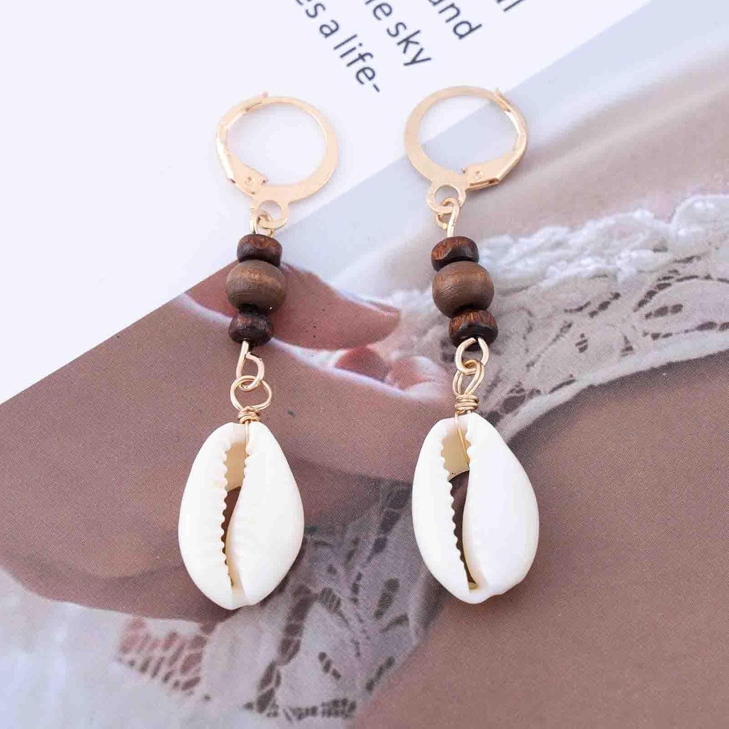 Vintage Cowrie Shell Drop Earrings Boho Cowrie Stud Earrings Conch Dangle Hook Earrings Tiny Brown Bead Drop Earrings Jewelry for Women - Image 3