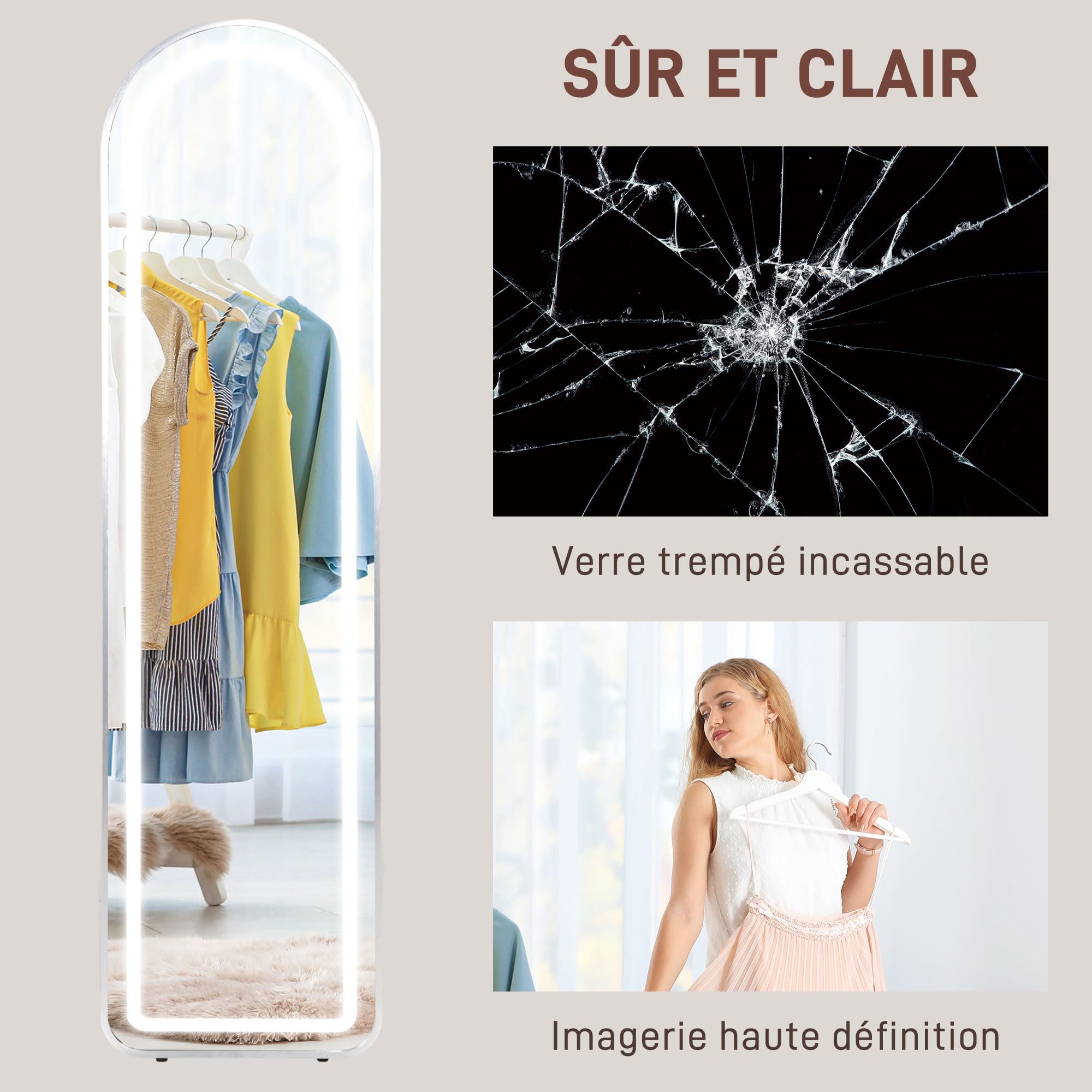 HOMCOM Miroir Pleine Longueur LED 150x40 cm 3 Couleurs Lumière Réglables Interrupteur Tactile Fonction Mémoire Argent