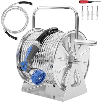 SPECILITE Stainless Steel Hose Reel with 30 m Water Hose Garden Shower and 1.9 m Inlet Hose Wall or Floor Standing Metal Reel with Crank Handle UV-Resistant for Outdoors Garden