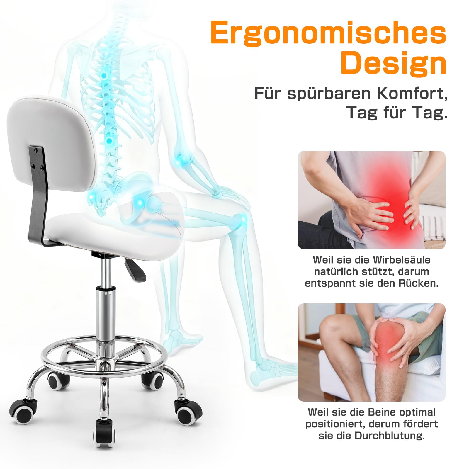 Sattelhocker mit Lehne – 360° drehbarer Hocker mit Rollen und verstellbarer Fußstütze | Sattelhocker mit Rollen höhenverstellbar 49-61 cm | Ideal für Büro, Salon und Kosmetik als Rollhocker (Weiß)