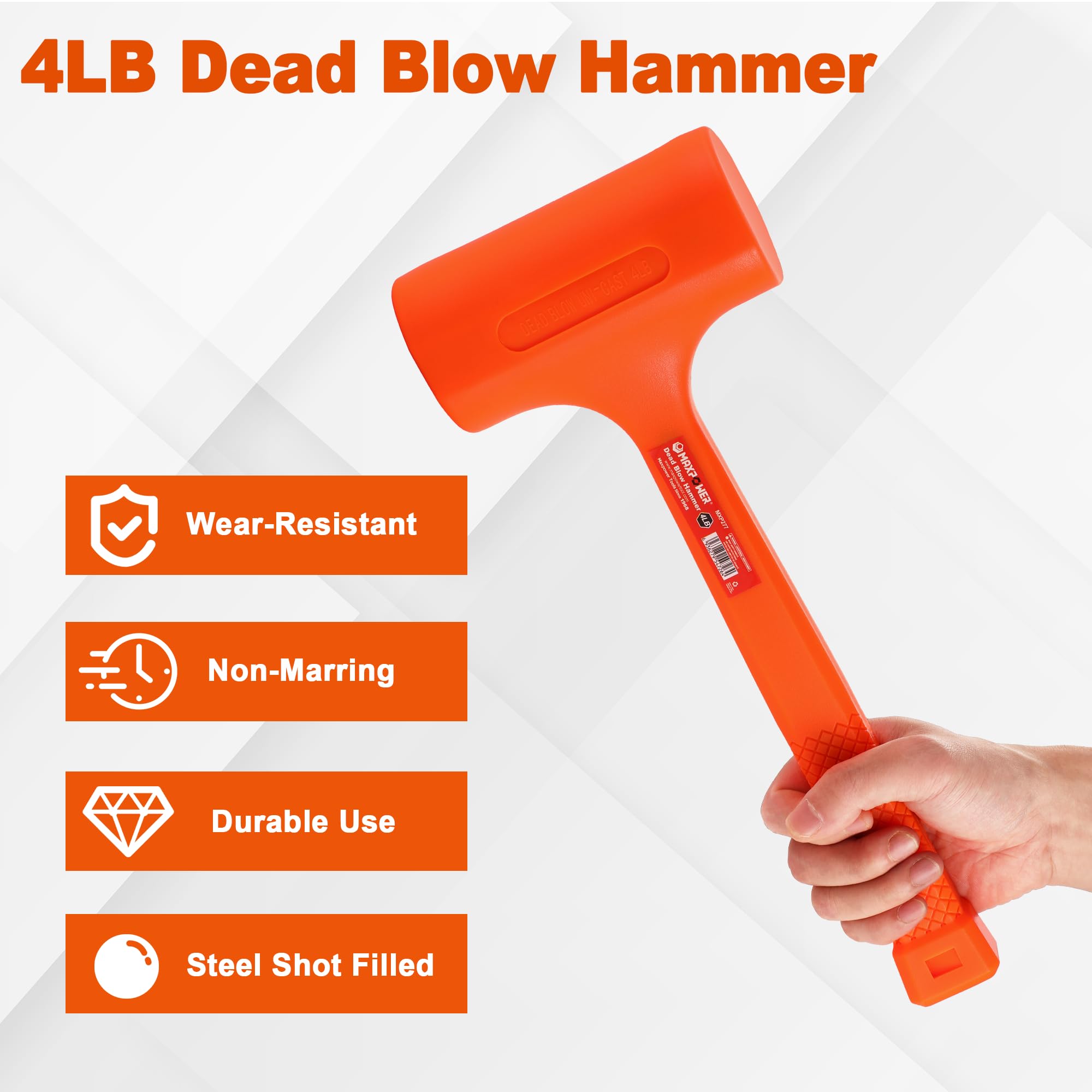 MAXPOWER Martillo de golpe muerto, mazo de golpe muerto de 4 libras con mango de agarre a cuadros, resistente a chispas y rebotes, martillo de golpe muerto naranja