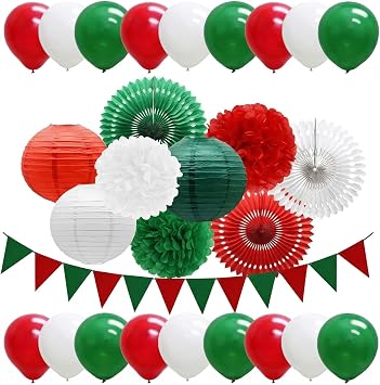 28Pcs Red Green White Party Decorations Set, Italian Theme Party Decor with Paper Fans Lanterns Pom Poms Balloons for Dinner Birthday Mexican Fiesta and Christmas in July