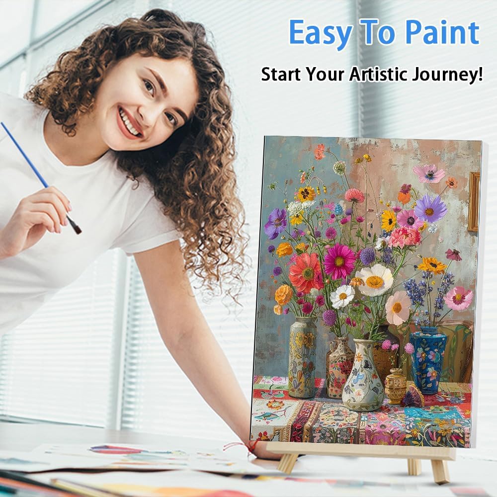 WEMEON Paint by Numbers Kit for Adults with Frame, Flower Paint by Number Canvas, Wildflower Paint by Numbers with Easel, DIY Paint by Number Kits for Home Wall Decor (12x16 Inch)