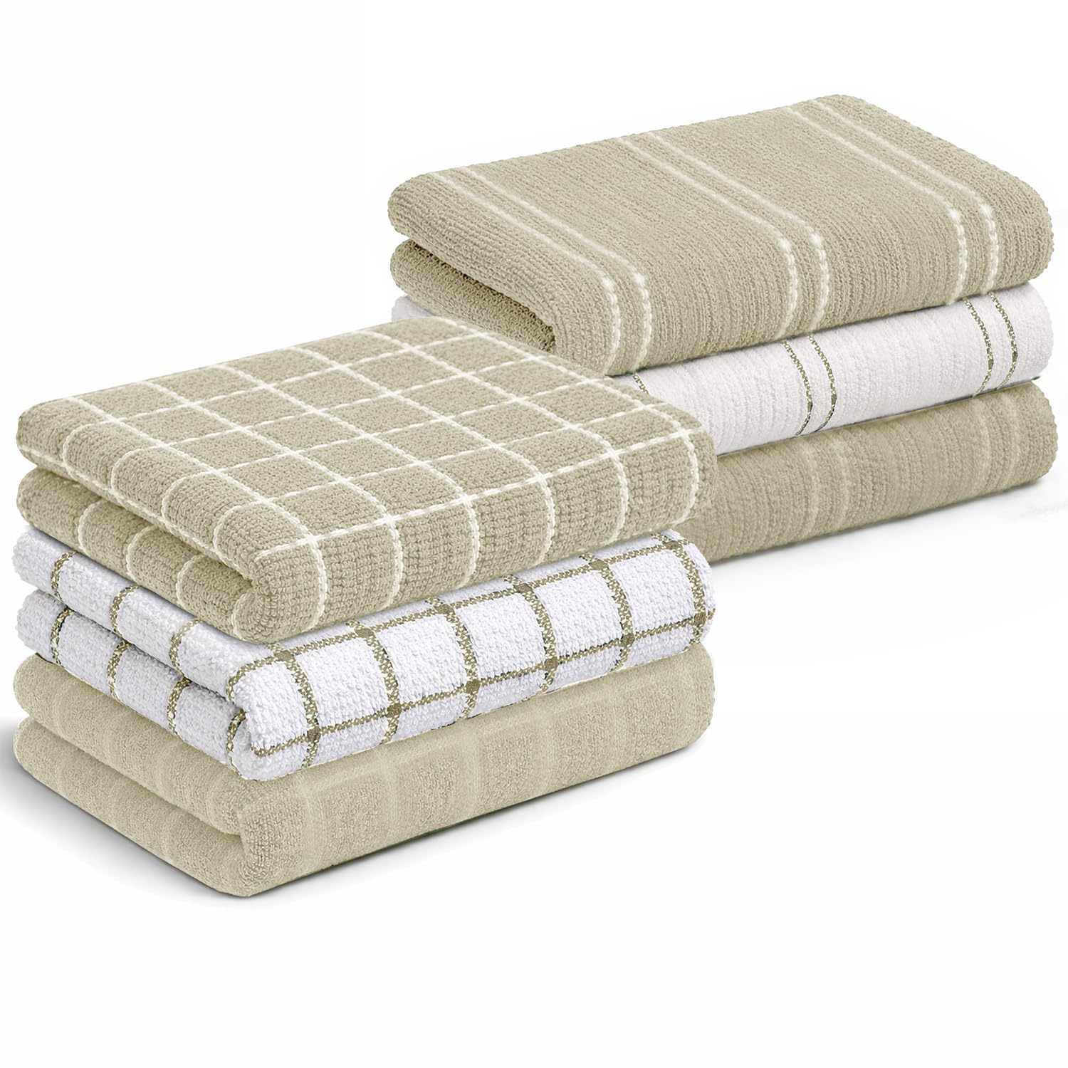 Velosso Pack of 6-100% Cotton Striped & Checked Tea Towels Set – Kitchen Towels, Soft Absorbent Everyday Dish Cloths for Drying & Cleaning (Taupe)