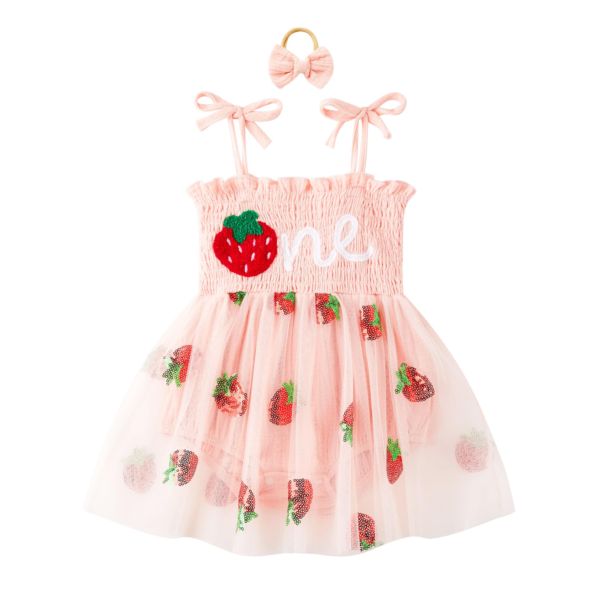 DLLYING Baby Girl First Birthday Outfit Summer Sleeveless Smocked Fairy Berry One Romper Tulle Dress + Headband
