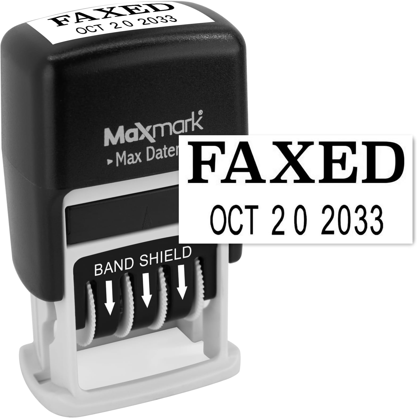 MaxMark Self-Inking Rubber Date Office Stamp with FAXED Phrase & Date - Black Ink (Max Dater II), 12-Year Band