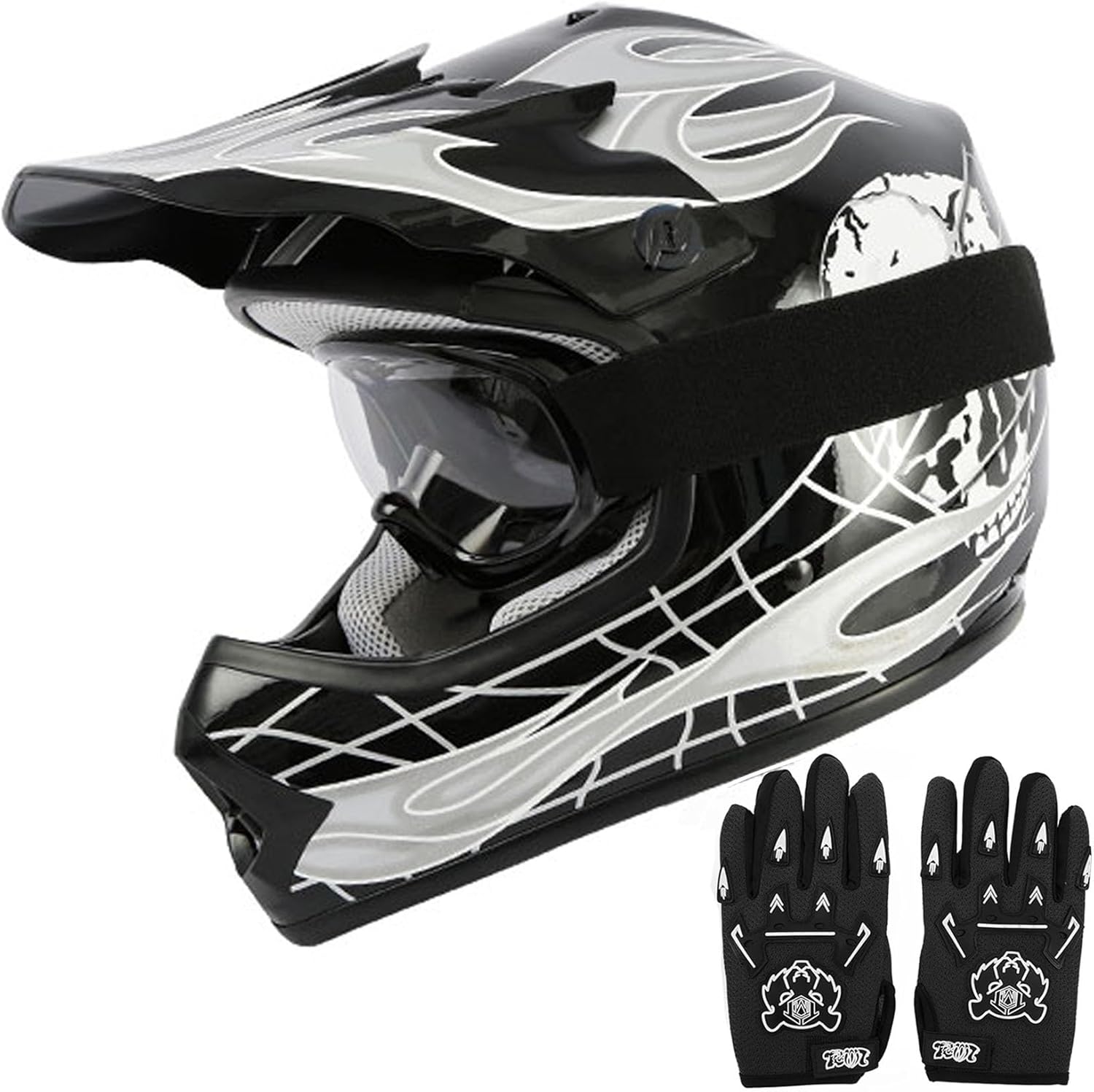 TCT-MOTORPARTS DOT Youth Kids Dirt Bike Full Face Helmets Motocross ATV Offroad Four Wheeler Helmet Black Skull Medium Size