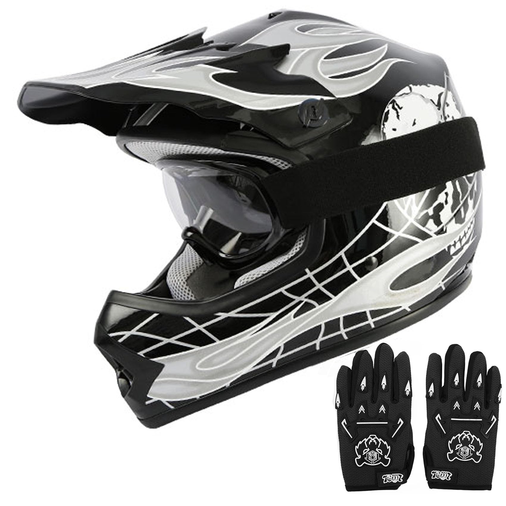 TCT-MOTORPARTS DOT Youth Kids Dirt Bike Full Face Helmets Motocross ATV Offroad Four Wheeler Helmet Black Skull Small Size