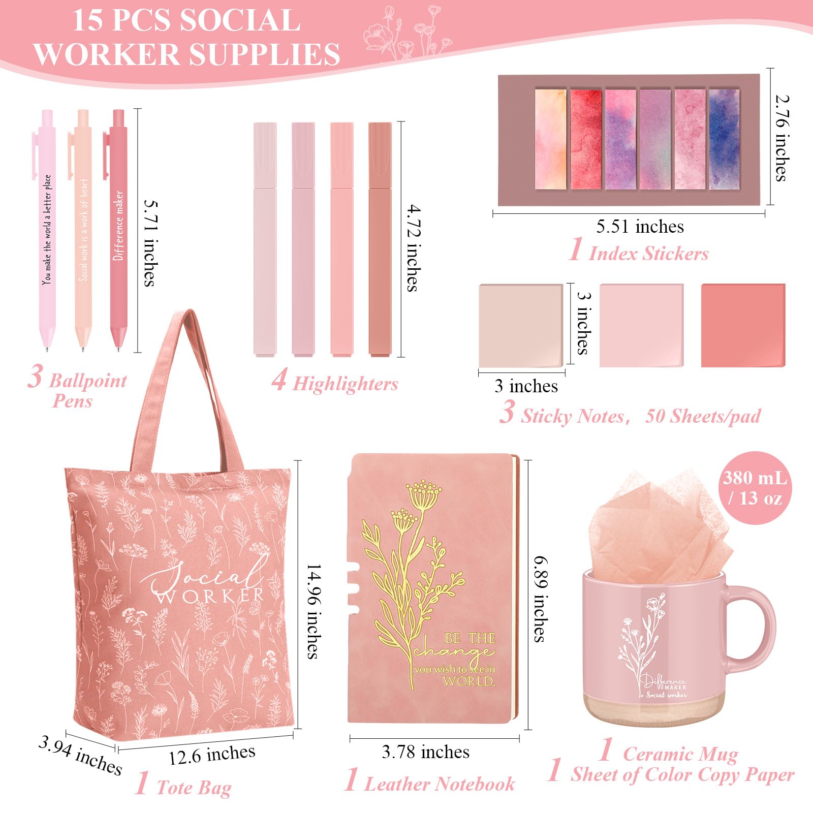Reallnaive Juego de 15 regalos de agradecimiento para trabajadores sociales, incluye taza de café, cuaderno, bolígrafos, notas adhesivas, marcadores de índice, papel de seda para el regreso a clases