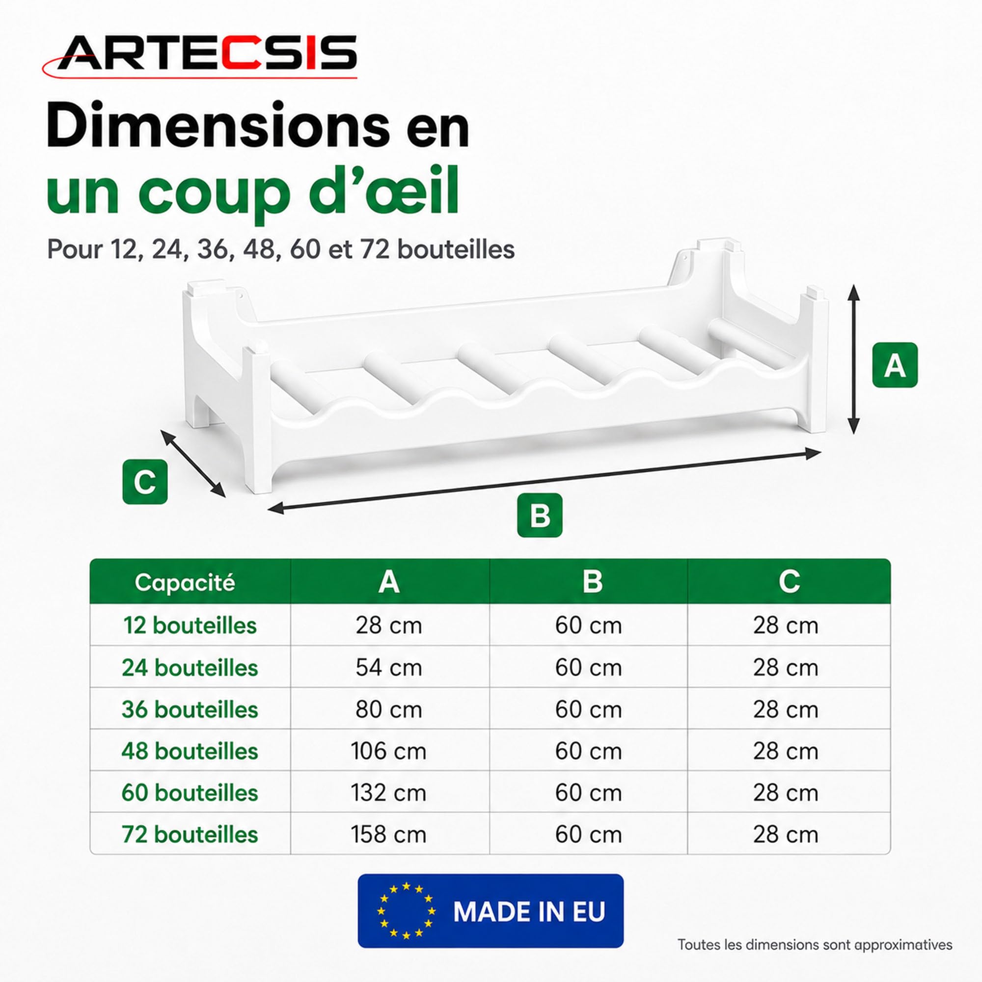 ARTECSIS Casier à Bouteilles, Étagère à Vin pour 24 Bouteilles, Range Bouteille Plastique Blanc, Hauteur de 54 cm
