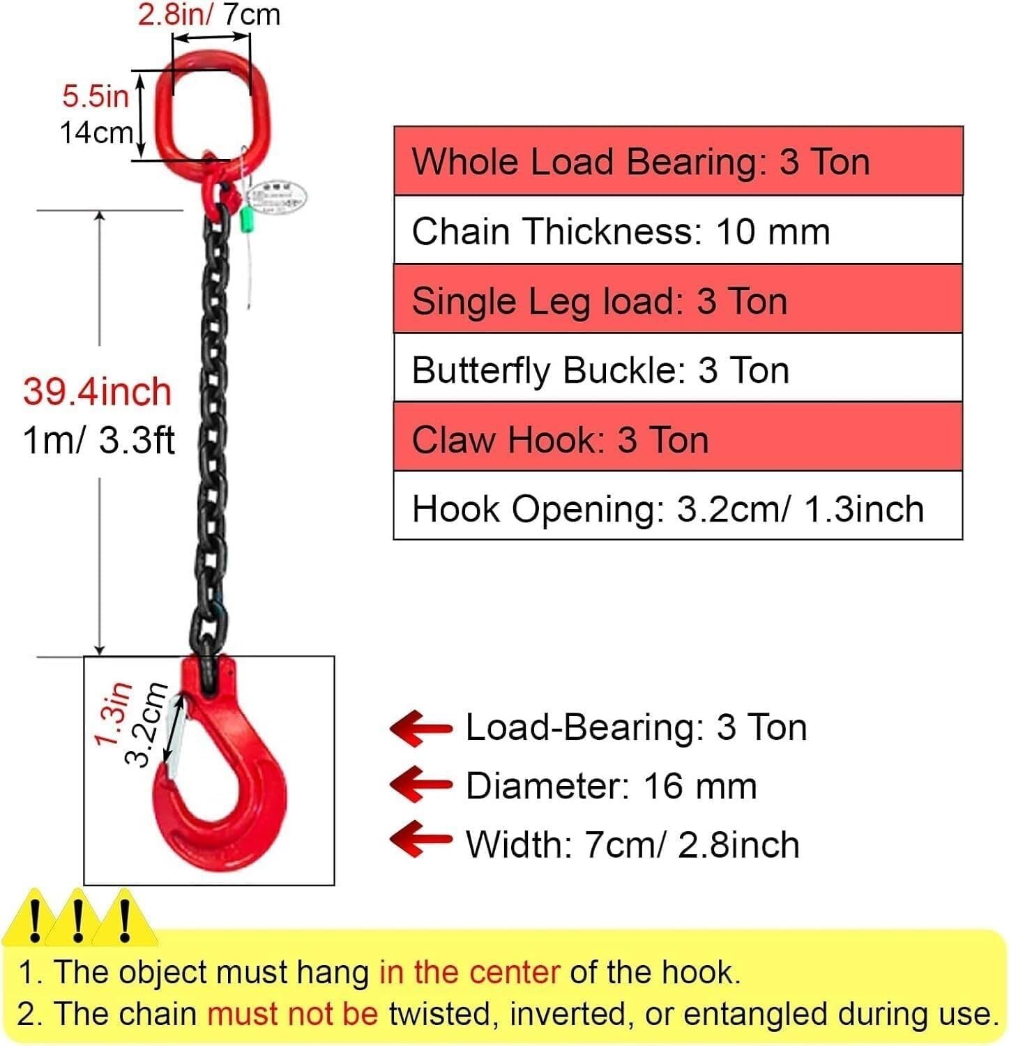 Cadenas de elevación Cadena de elevación de Alta Resistencia, Eslinga de Cadena con Gancho de Alta Resistencia de Acero al manganeso G80, Eslinga de Cadena Industrial for grúas Pulsera(3 Ton)