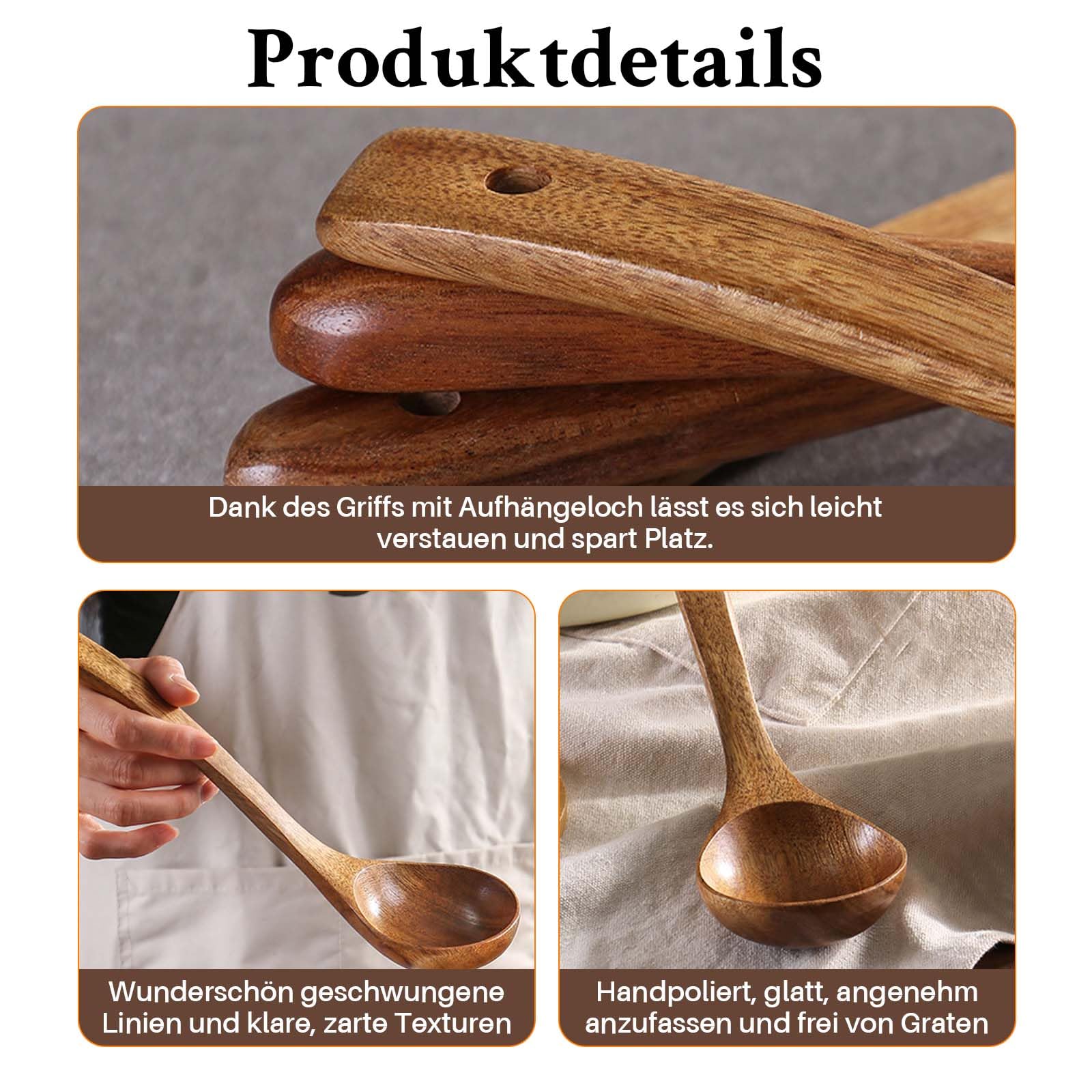 2 Stück Kochlöffel Holz, Holzlöffel mit Spaghettilöffel, Suppenkelle Holz für Kochen, Rühren, Servieren Spaghetti, Suppe, Sauce