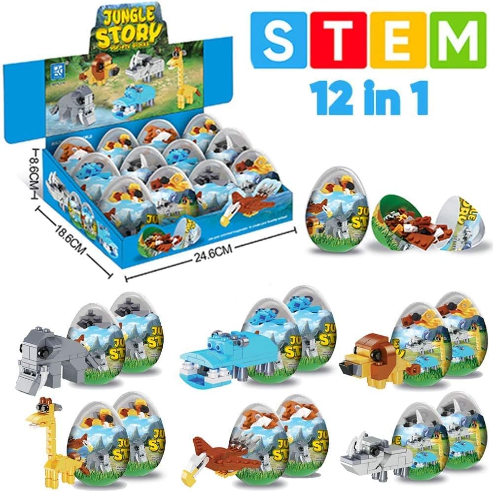 Liberty Imports Wild Safari Toys - 12 Surprise Animal Eggs Standard Size Building Blocks STEM Toys - Educational Kids 3D Puzzle Party Favors