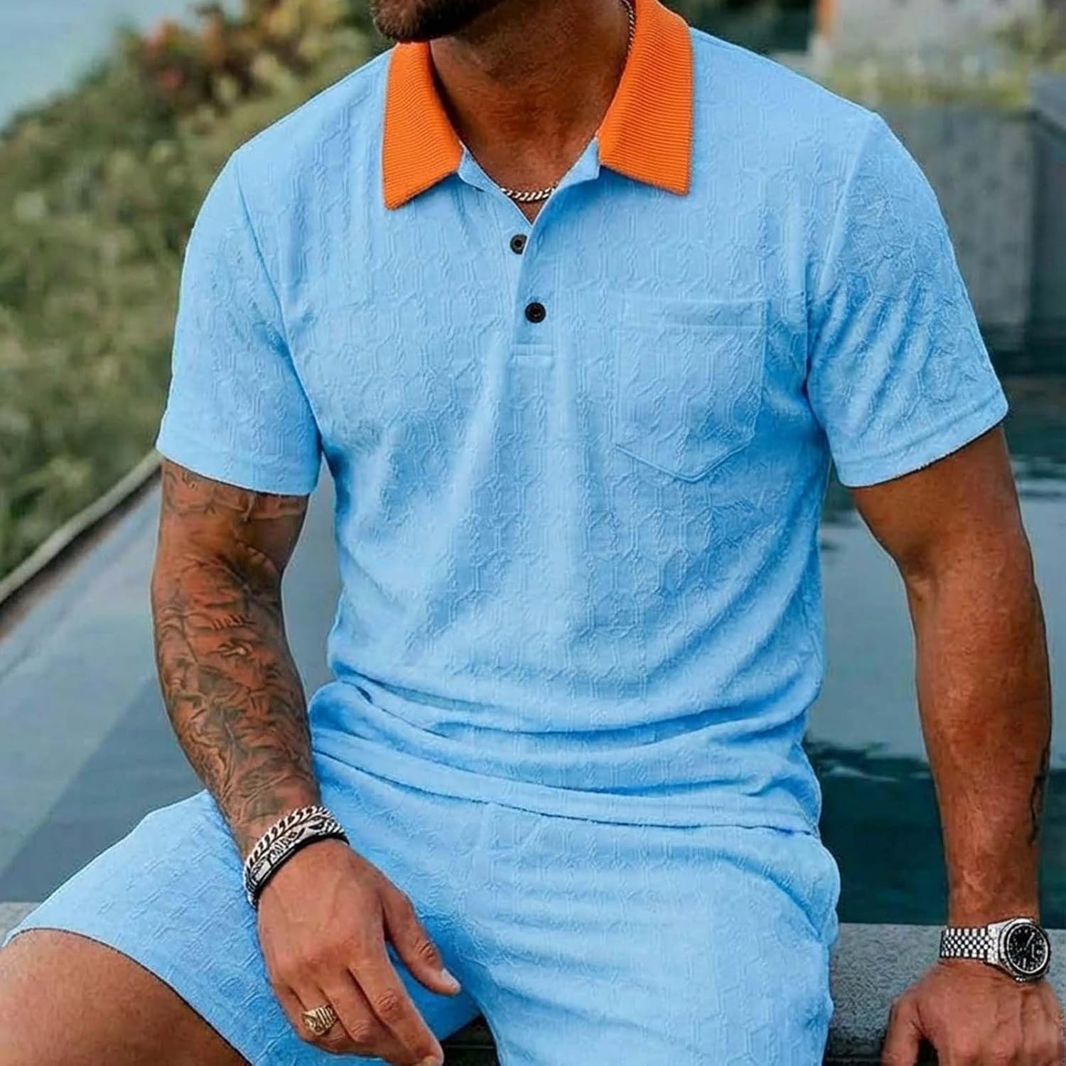 Cambkatl Men's Jacquard 2 Piece Outfits Color Block Short Sleeve Loose Collared T-Shirt & Shorts Workout Sets with Pockets