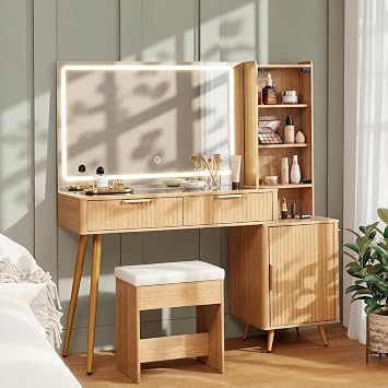 48 Fluted Makeup Vanity Desk with Lighted Mirror, Glass Top & Charging Station, Vanity Set with Upholstered Stool, Large Drawers & Cabinet Storage, Modern Dressing Table for Bedroom, Oak