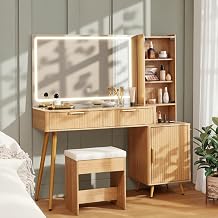 48" Fluted Makeup Vanity Desk with Lighted Mirror, Glass Top & Charging Station, Vanity Set with Upholstered Stool, Large Drawers & Cabinet Storage, Modern Dressing Table for Bedroom, Oak