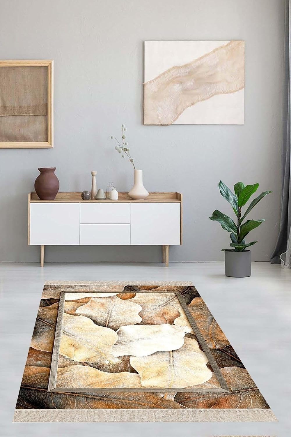 Pelangi Yaprak Desenli Dijital Baskı Yıkanabilir Kaymaz Taban Modern Salon Halısı Yolluk, Kahve-Krem 160 x 300