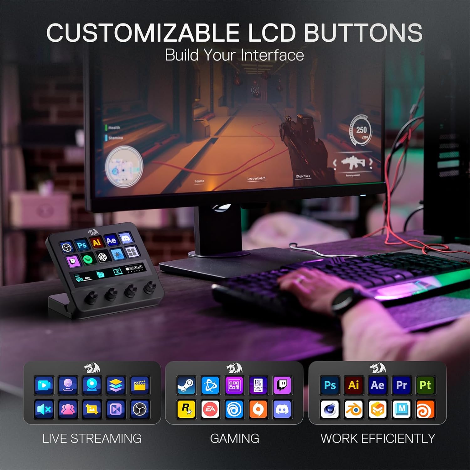 Redragon SS552 Stream Controller - All-in-One Macro Pad with Customization Touch Strip, LCD Keys & Dials, Stream Station for Content Creators, Streaming, Gaming - PC & Mac Compatible