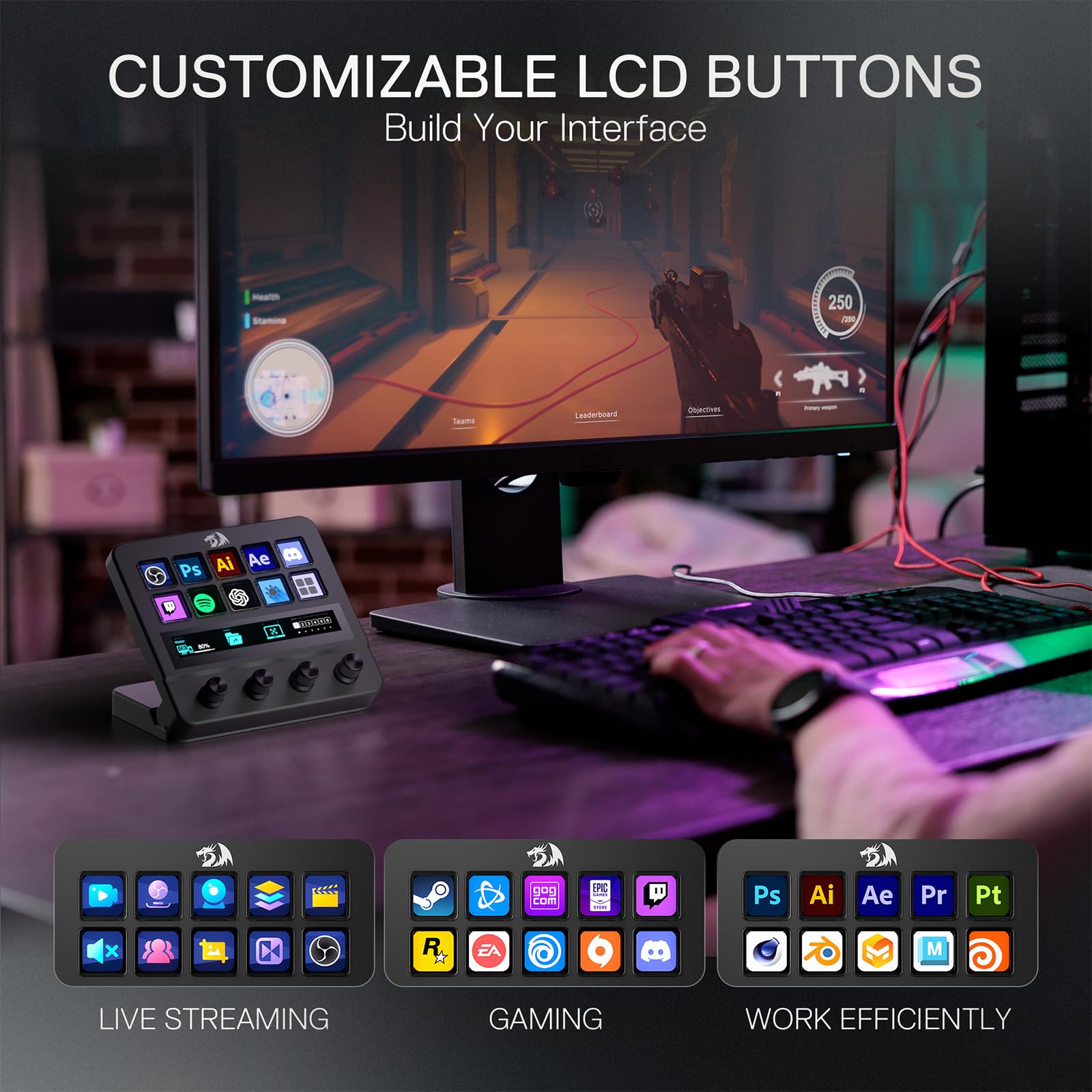 Redragon SS552 Stream Controller ? Pad macro tout-en-un avec bande tactile personnalisée, touches et cadrans LCD, station de diffusion pour créateurs de contenu, streaming, jeux ? Compatible PC et Mac
