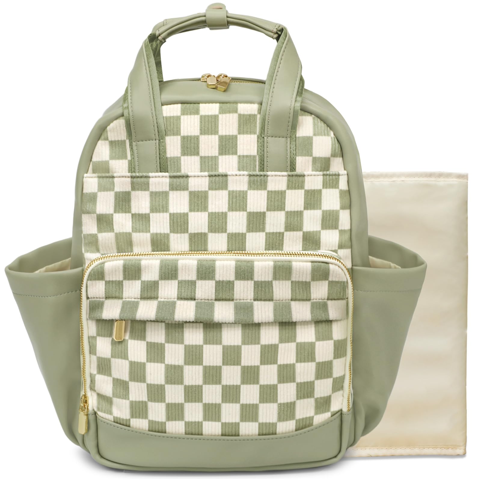 miss fong Green Small Diaper Bag Baby Boy Diaper Bag with Changing Pad | Corduroy Backpack Diaper Bag Lightweight,Insulated Pockets Luggage Sleeve Convertible Mommy Diaper Backpack for Mom