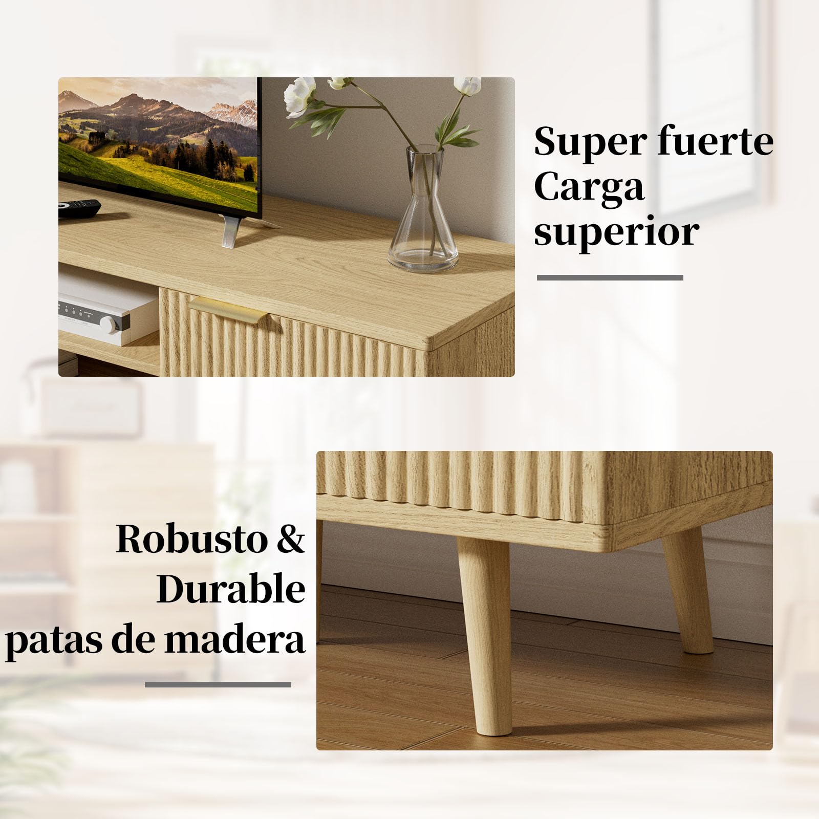 YLGJ&TIDY 140 CM Mueble de TV, Estilo Mid-Century Moderno Mesa de TV, 2 Almacenamiento Abierto & 2 Gabinetes Mueble Salon TV, Compatible con TV 55/60/65 Pulgadas, Madera Natural