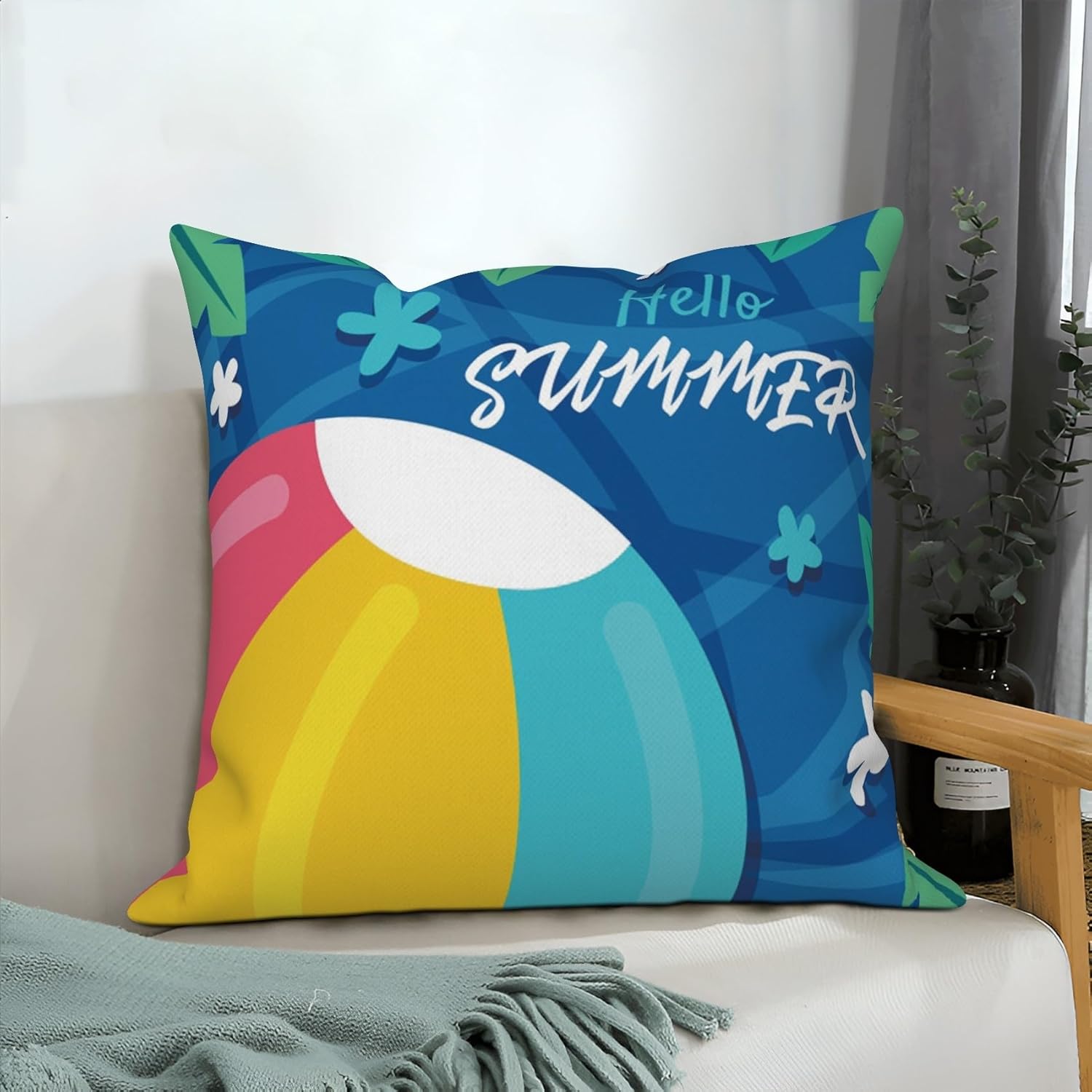 4 Pcs/Set Summer Throw Pillow Covers Summer Watermelon Rainbow Popsicle Ball Green Leaves Minimalist Resort Linen Body Pillow Cover for Couch Sofa Bedroom Decorative, 24"x24"