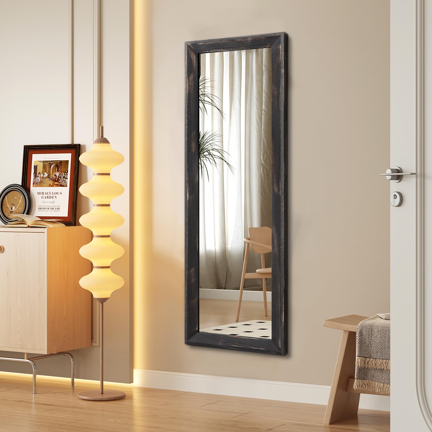 Specchio Da Parete Lungo 110x35 Cm - Cornice In Legno Rustica - Ideale Per Camera, Ingresso O Bagno - Bianco