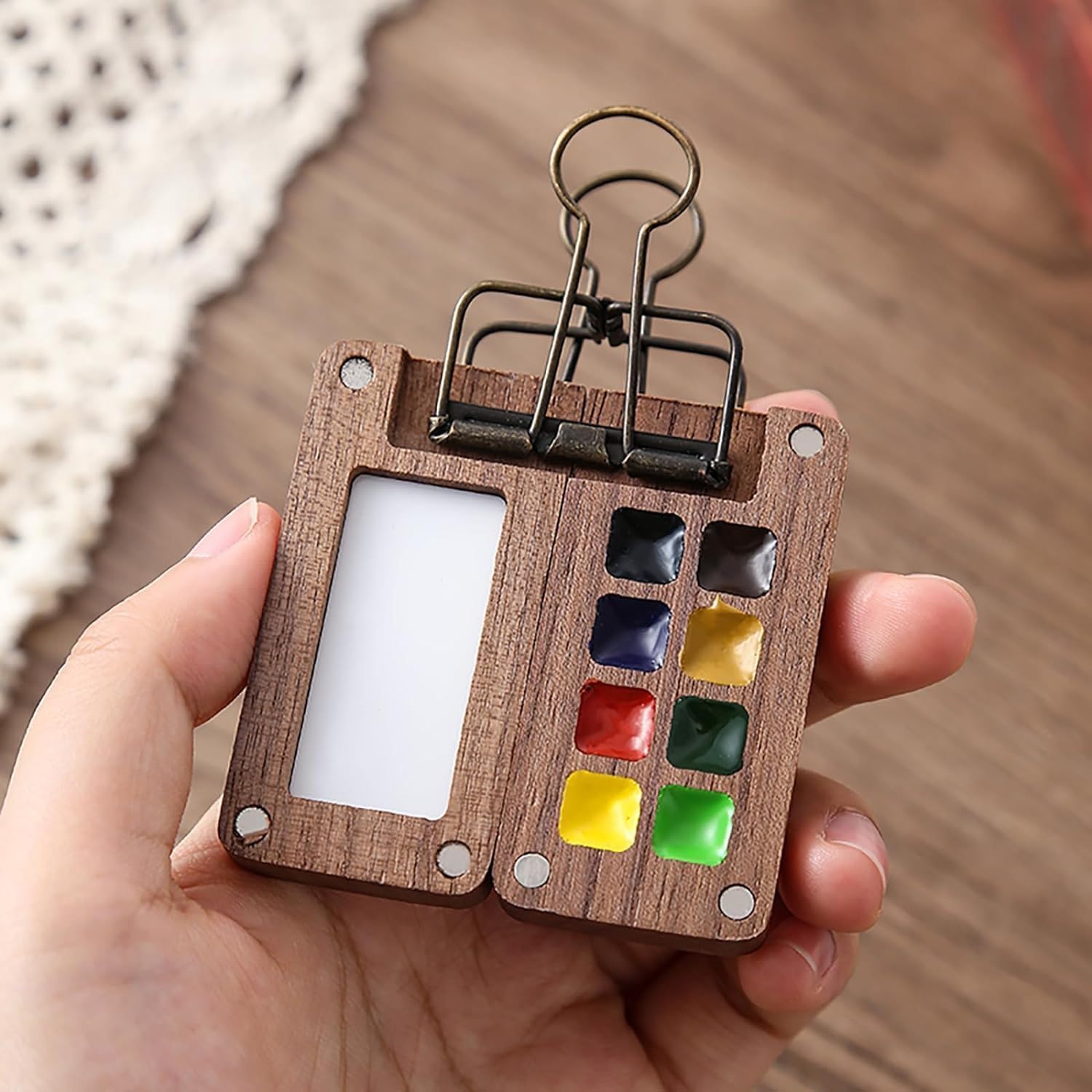 RoseFlower Tavolozza Acquerelli Portatile In Legno Di Noce – 15 Scomparti Con Coperchio Magnetico E Clip – Ideale Per Viaggi - 3
