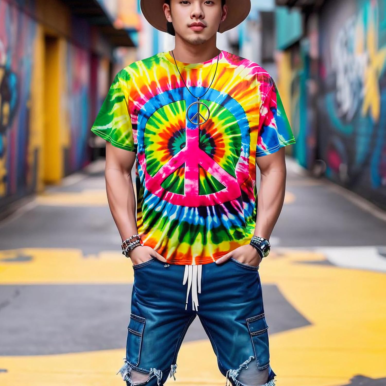 Hippie Costume for Men Women 60s and 70s colorful T-shirt sunglasses headband Peace necklace 4-piece theme party - Image 3