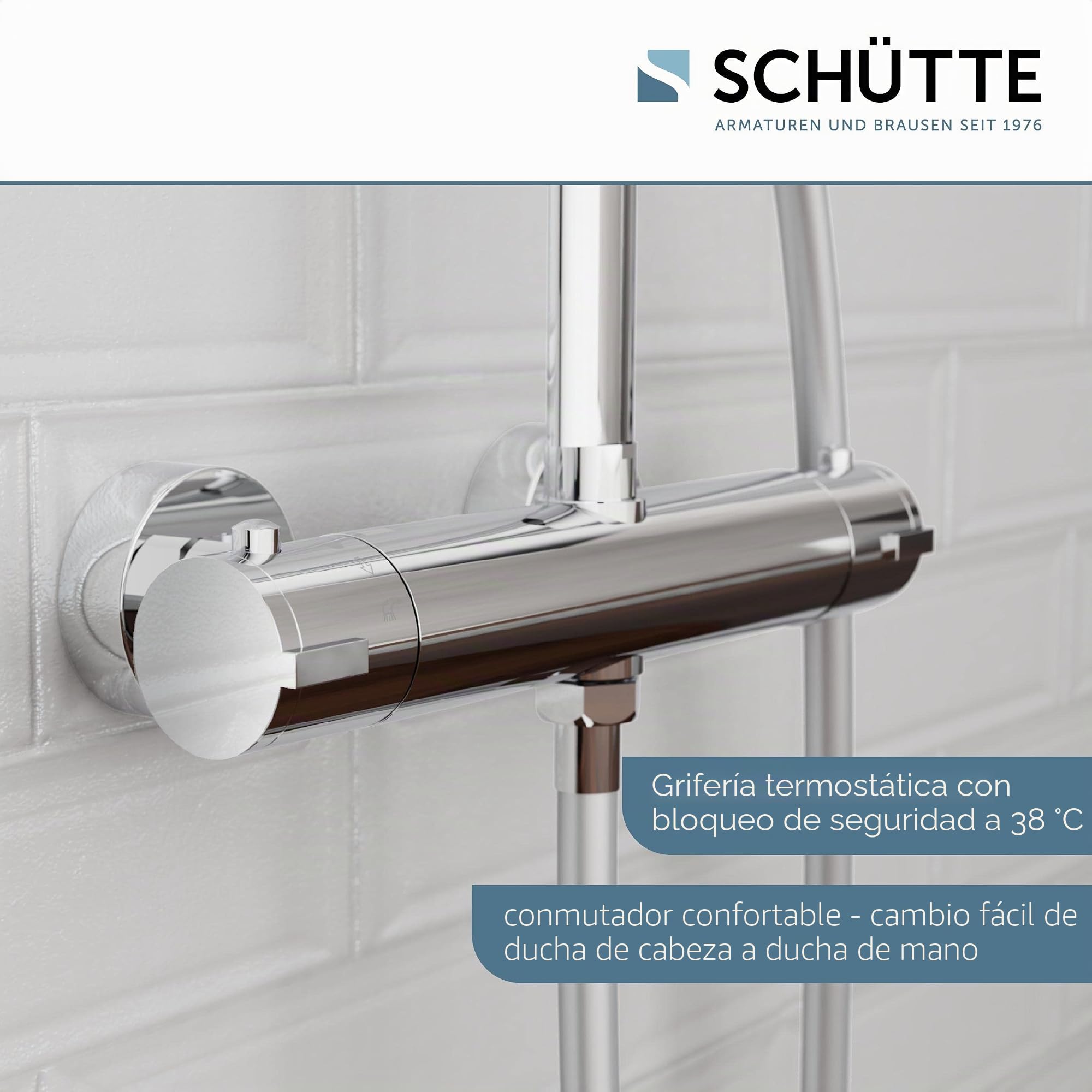 SCHÜTTE MADURA sistema de ducha con termostato, set de ducha con gran rociador de lluvia (Ø 24 cm) y teleducha regulable, set de ducha con barra de ducha, columna de ducha panel de ducha, cromo