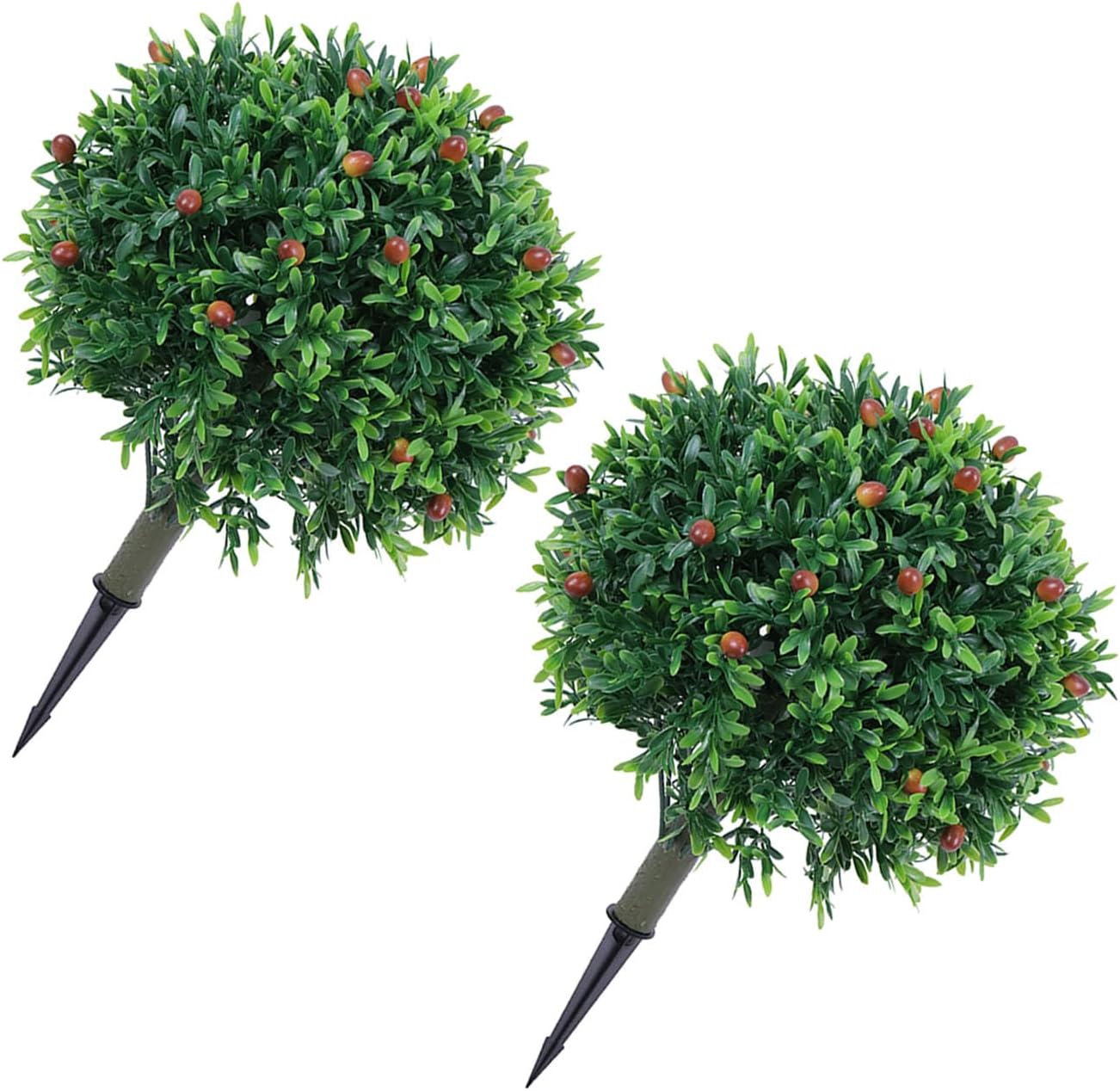 2PCS Artificial Boxwood Topiary with Olive 17.8 Inch Simulated Shrub Bush Ground Spike for Front Porch Decor 45CM Height