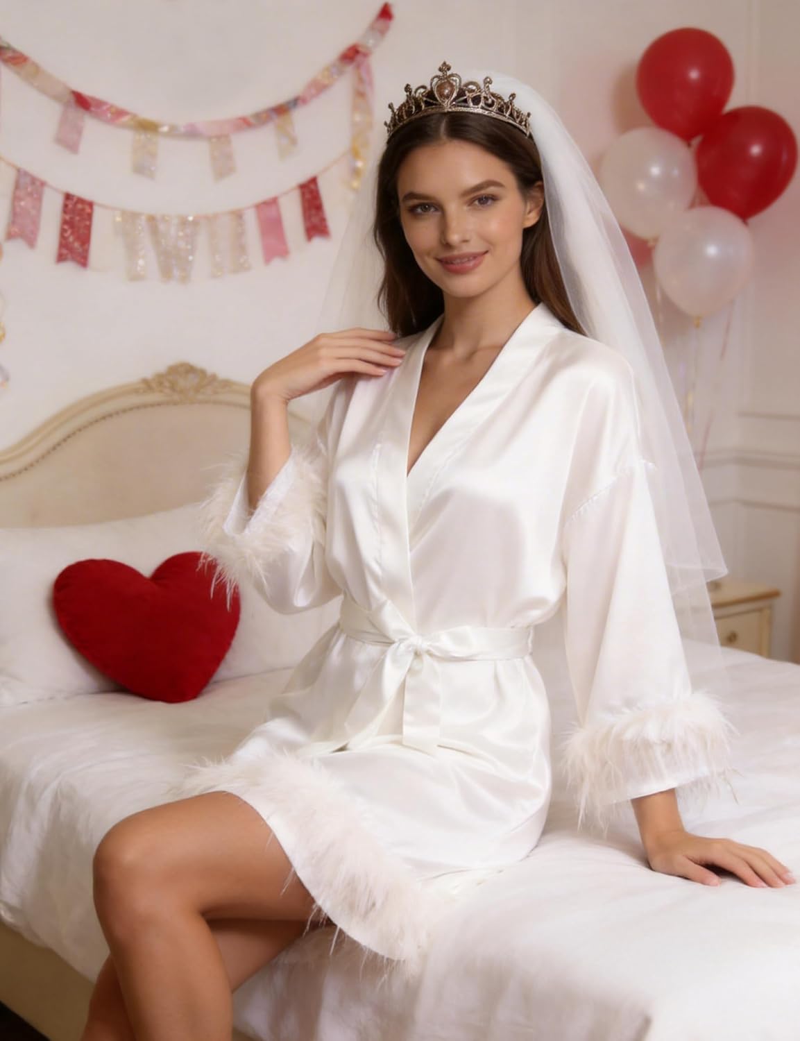 EPLAZA Bride Robe for Wedding Day Bridal Robe Feather Sleeve Silky Embroidery Satin Kimono for Bridal Bachelor Party